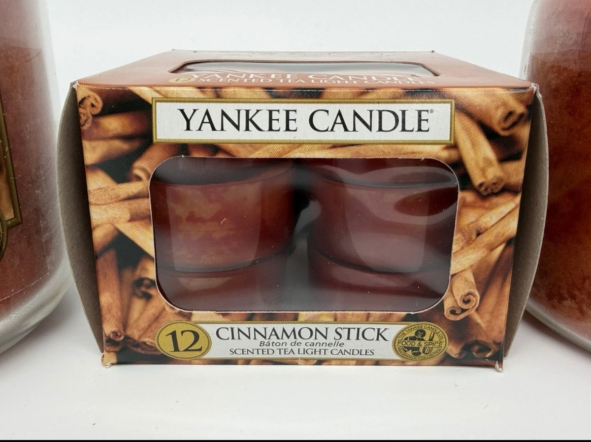 Yankee Candle Cinnamon Stick bundle with three jar candles and twelve tea lights, featuring warm cinnamon spice scent.