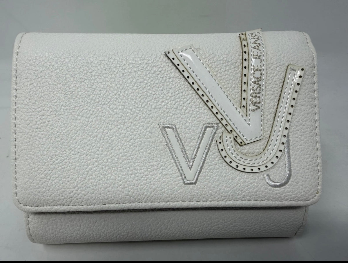 Versace Jeans white nappa leather purse with VJ logo, stylish accessories purse, new with box and tags