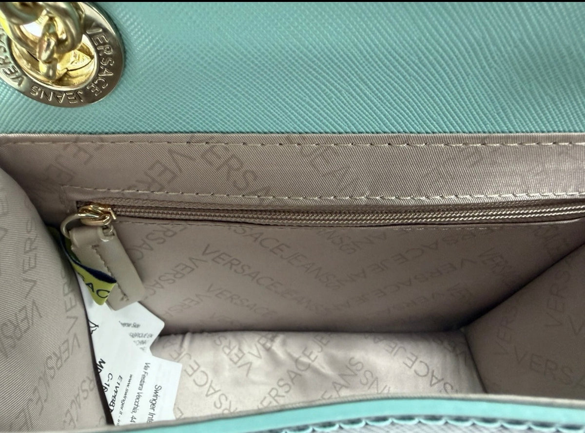 Versace Jeans mint green and black striped chain shoulder bag with tags, featuring a stylish design and metal chain strap.