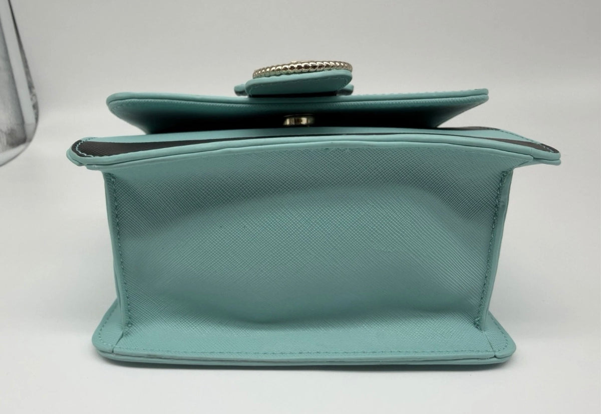 Versace Jeans mint green and black striped chain shoulder bag with tag, featuring a stylish design and shoulder strap.