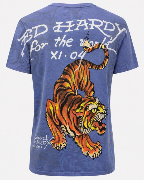 Ed Hardy by Christian Audigier Tiger Rhinestone T-Shirt – Blue