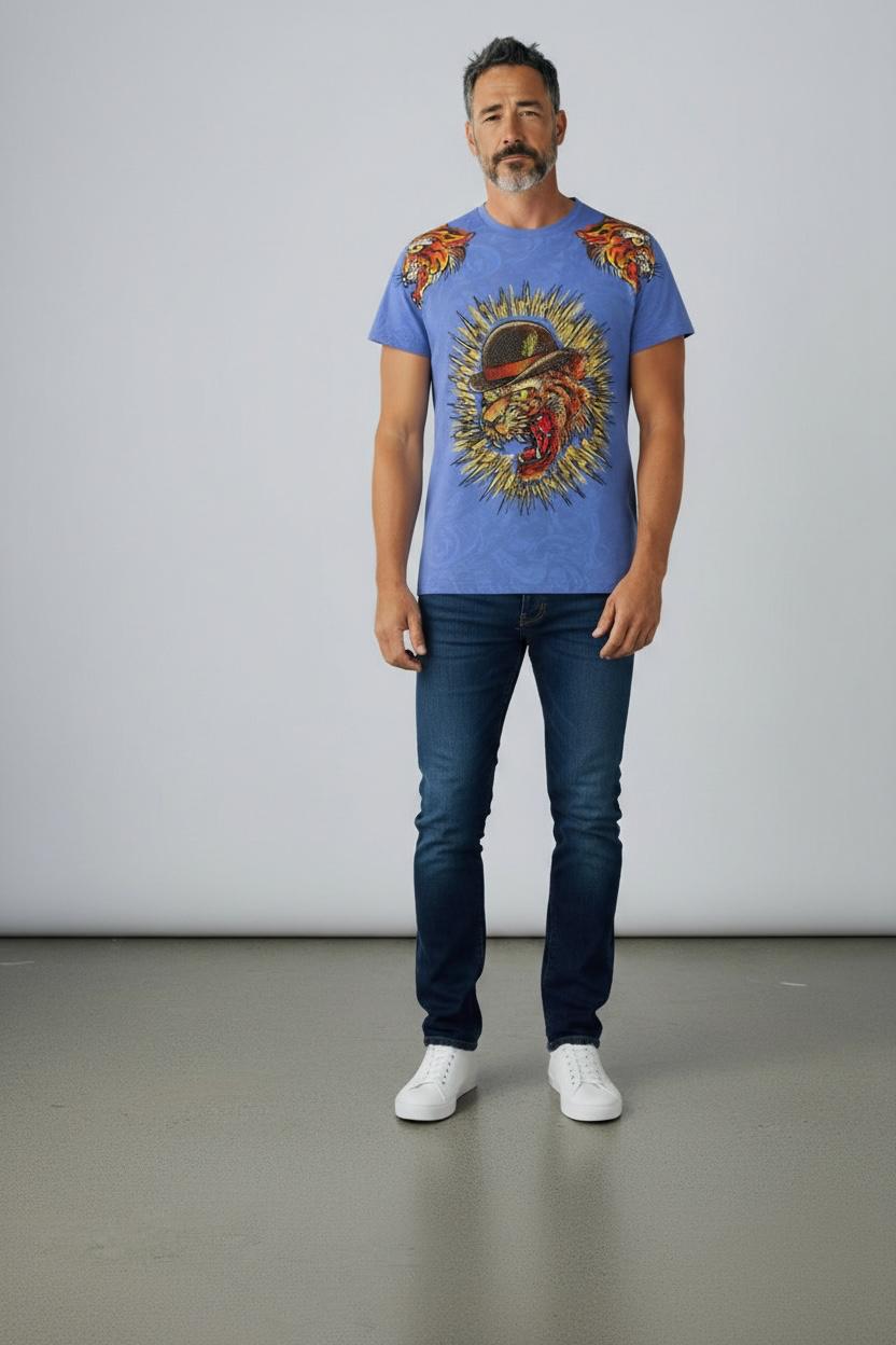 Ed Hardy by Christian Audigier Tiger Rhinestone T-Shirt – Blue