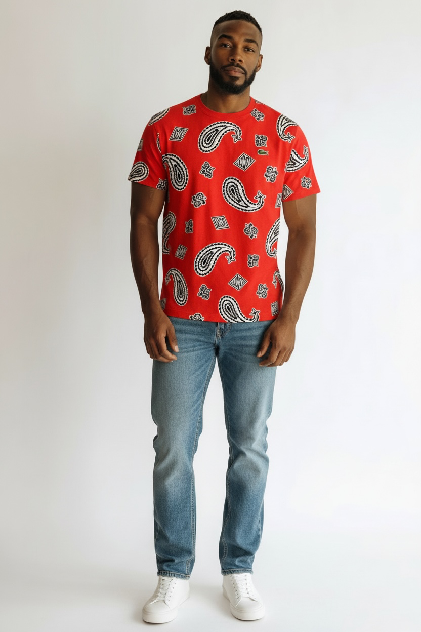 Lacoste L!VE Paisley Print T-Shirt Red Large – New with Tags
