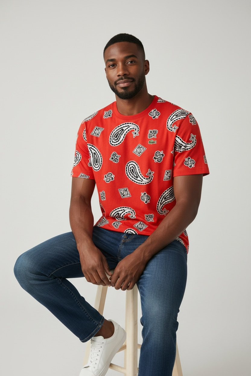 Lacoste L!VE Paisley Print T-Shirt Red Large – New with Tags