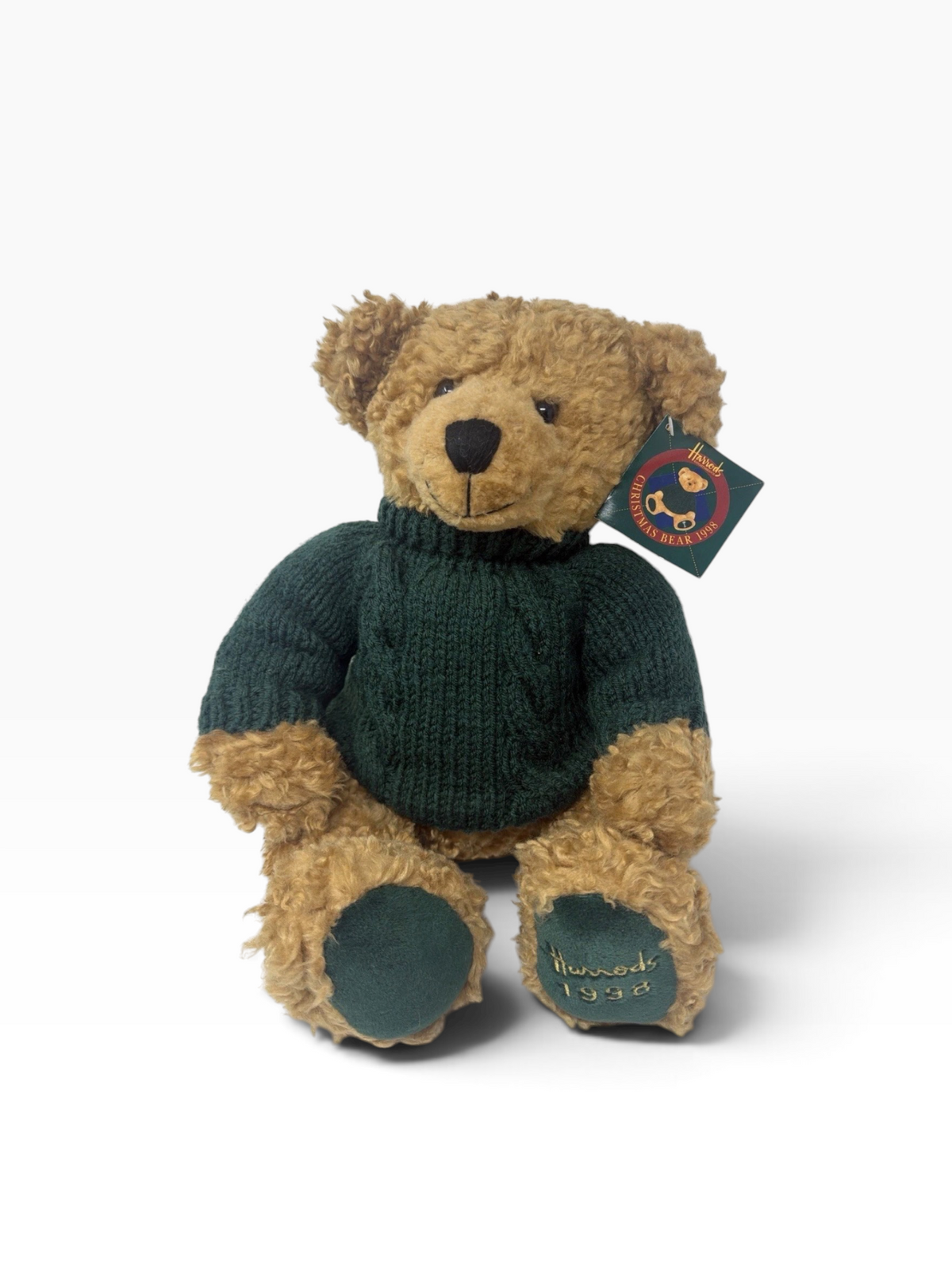 Vintage Harrods Christmas Bear 1998 13” Teddy with Original Tags & Green Jumper