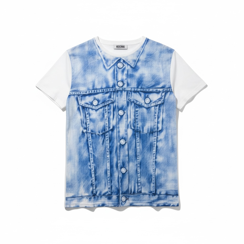 Moschino Swim Trompe-l’Œil Denim Jacket Print T-Shirt White/Blue – Men’s M NWT