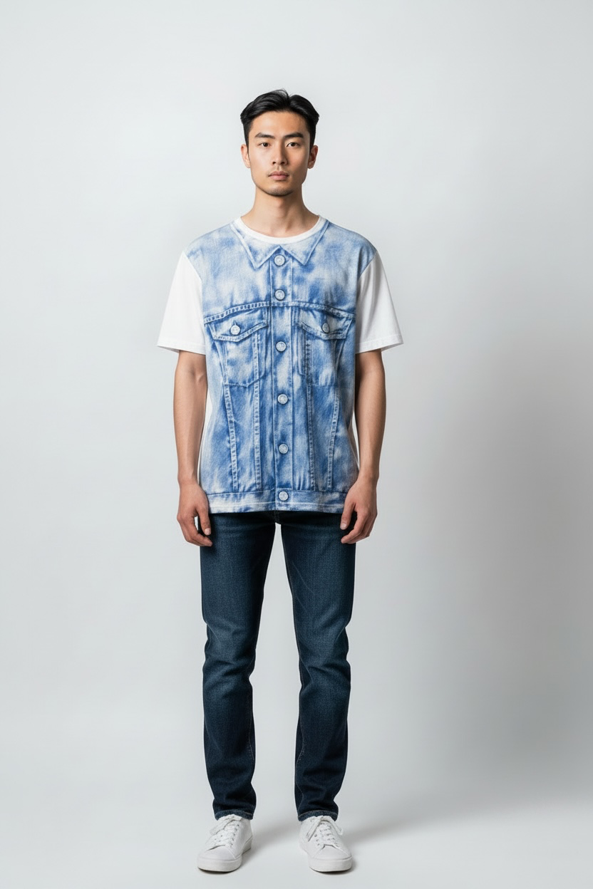 Moschino Swim Trompe-l’Œil Denim Jacket Print T-Shirt White/Blue – Men’s M NWT