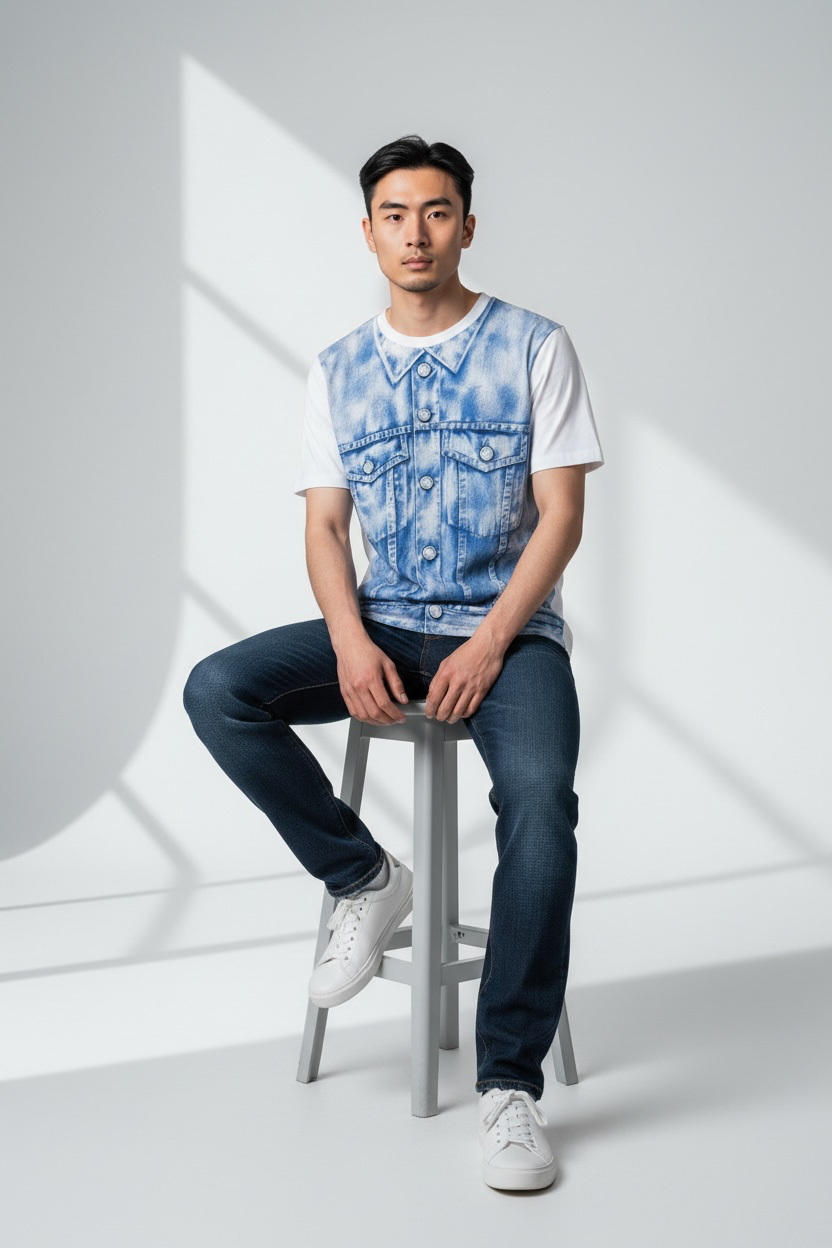 Moschino Swim Trompe-l’Œil Denim Jacket Print T-Shirt White/Blue – Men’s M NWT