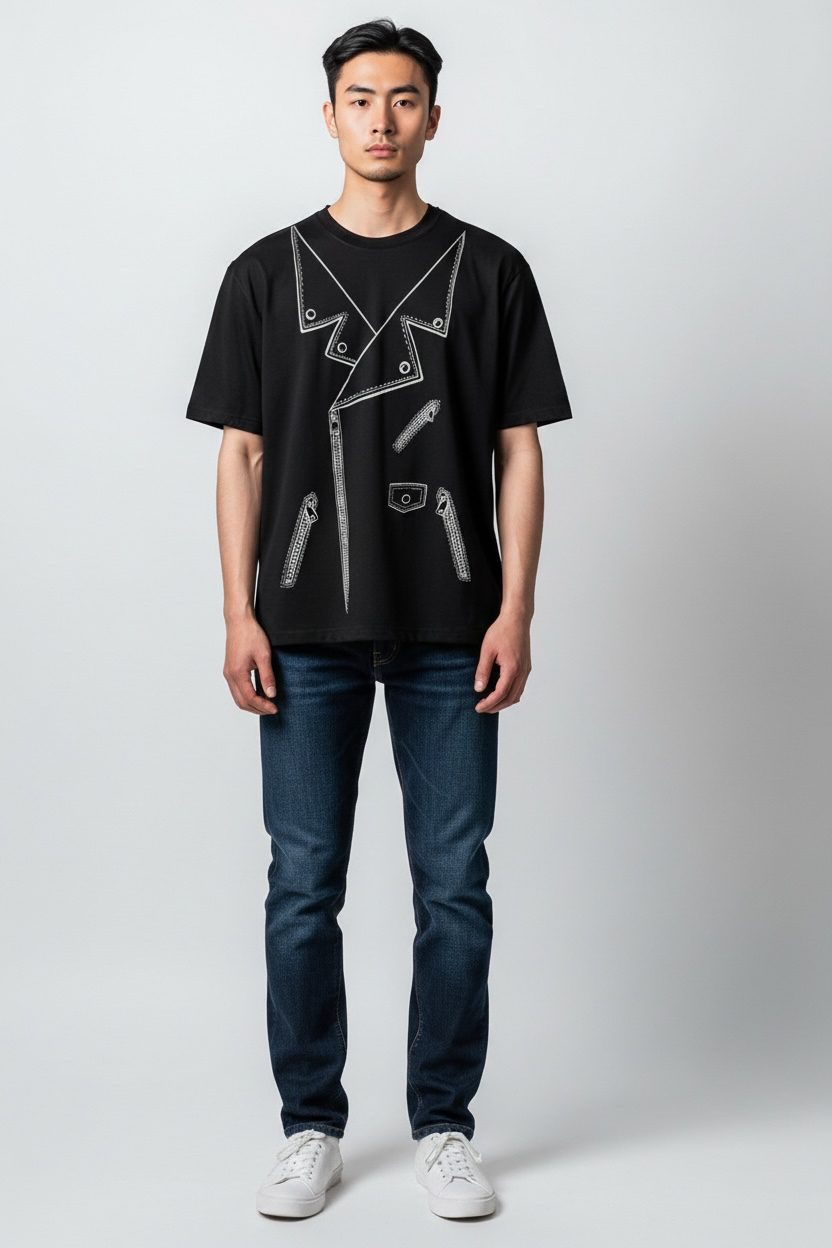 Moschino Swim Trompe-L’Œil Biker Jacket Graphic T-Shirt – Black