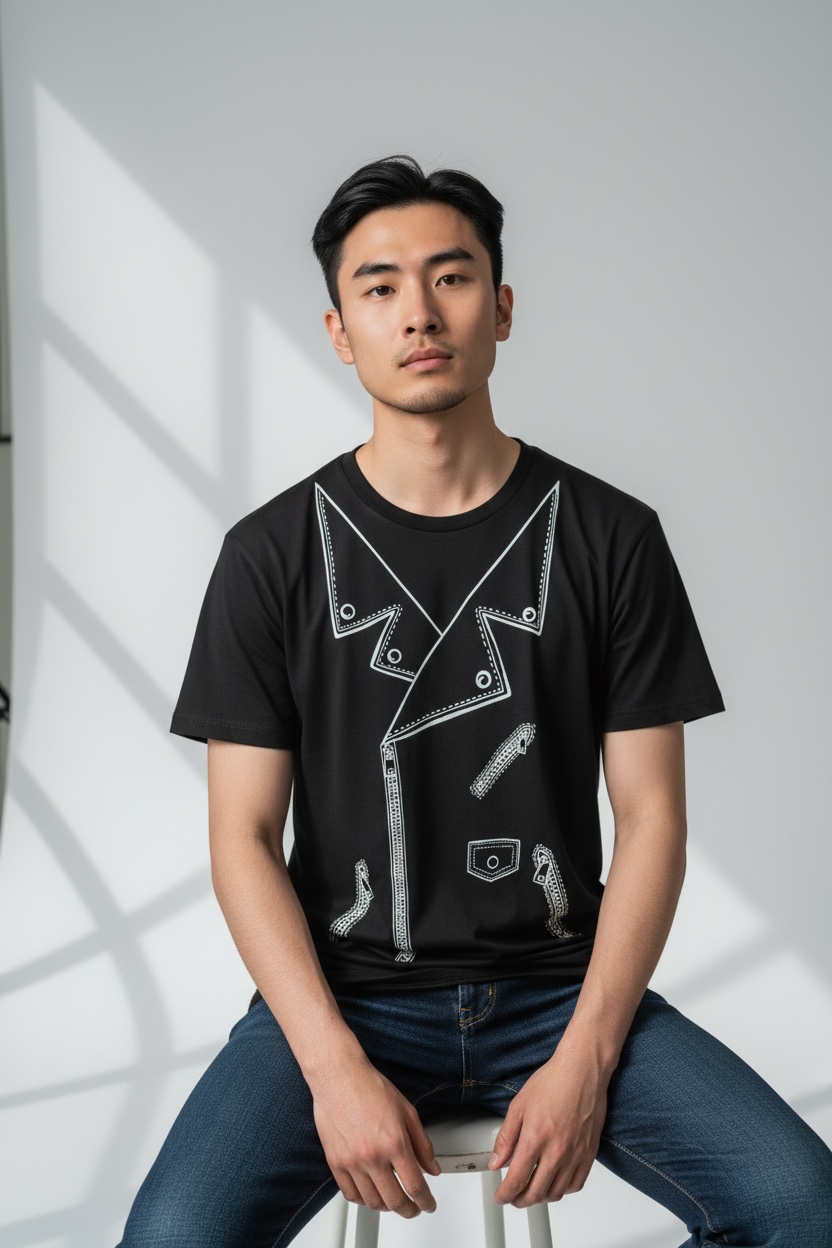 Moschino Swim Trompe-L’Œil Biker Jacket Graphic T-Shirt – Black