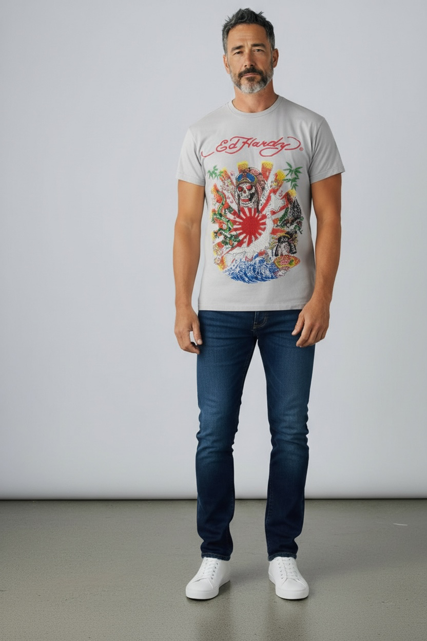Ed Hardy Japan Rising Sun Rhinestone T-Shirt – Light Grey