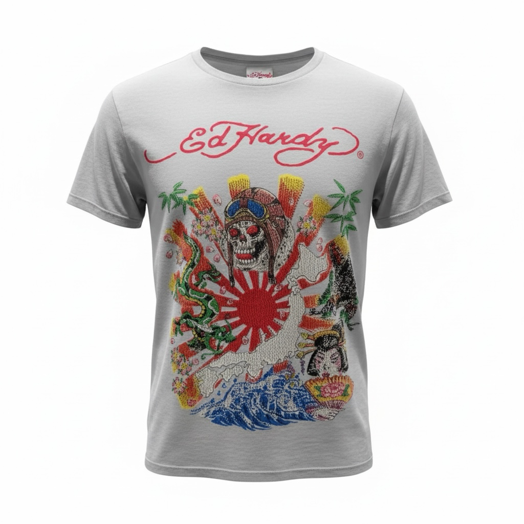 Ed Hardy Japan Rising Sun Rhinestone T-Shirt – Light Grey
