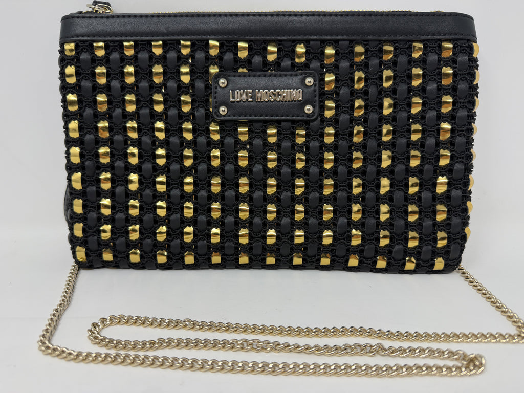 Love Moschino Black & Gold Woven Chain Shoulder Bag with Wrist Strap – New