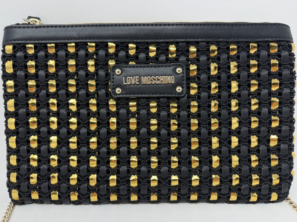 Love Moschino Black & Gold Woven Chain Shoulder Bag with Wrist Strap – New
