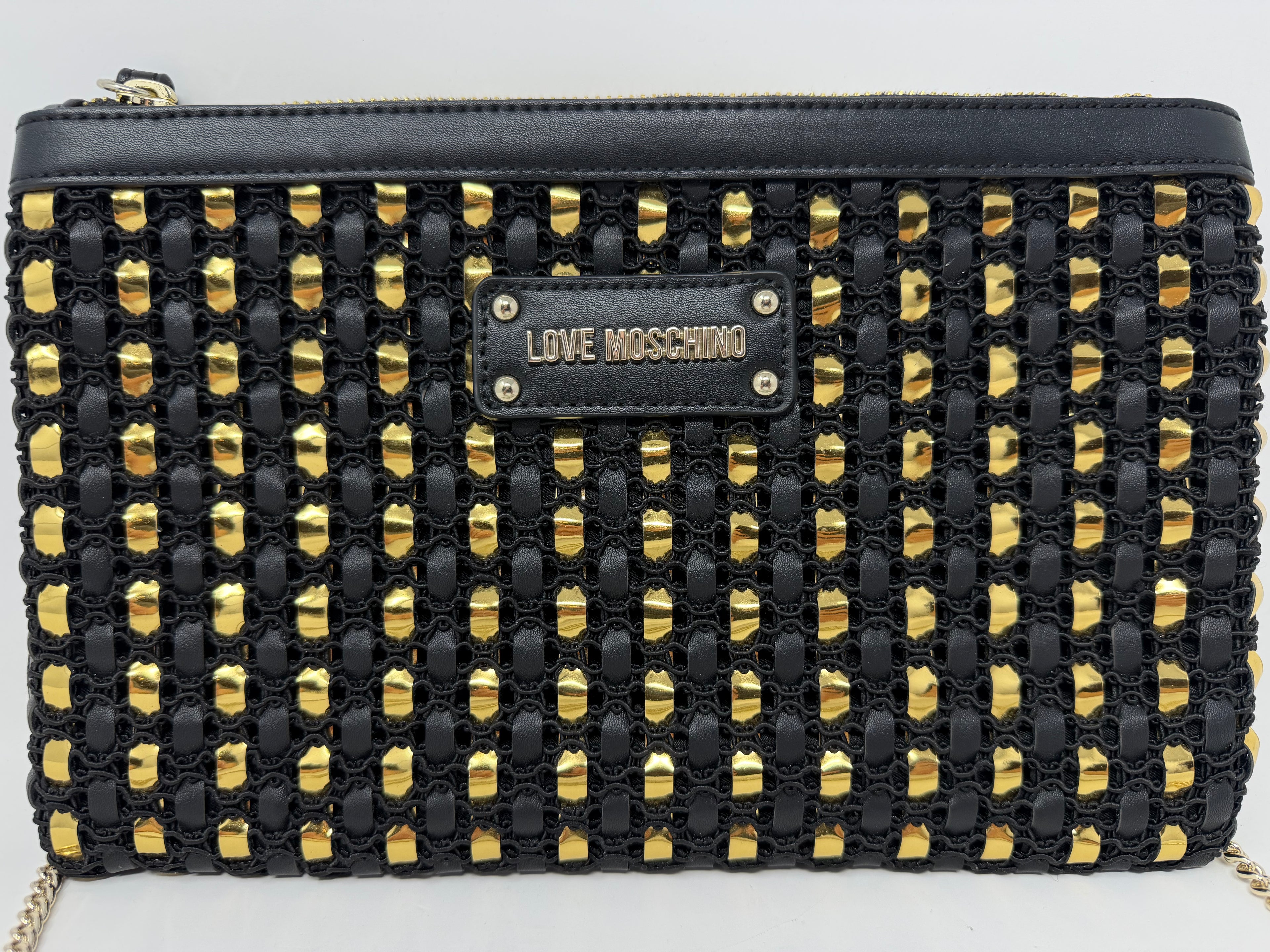 Love Moschino Black & Gold Woven Chain Shoulder Bag with Wrist Strap – New