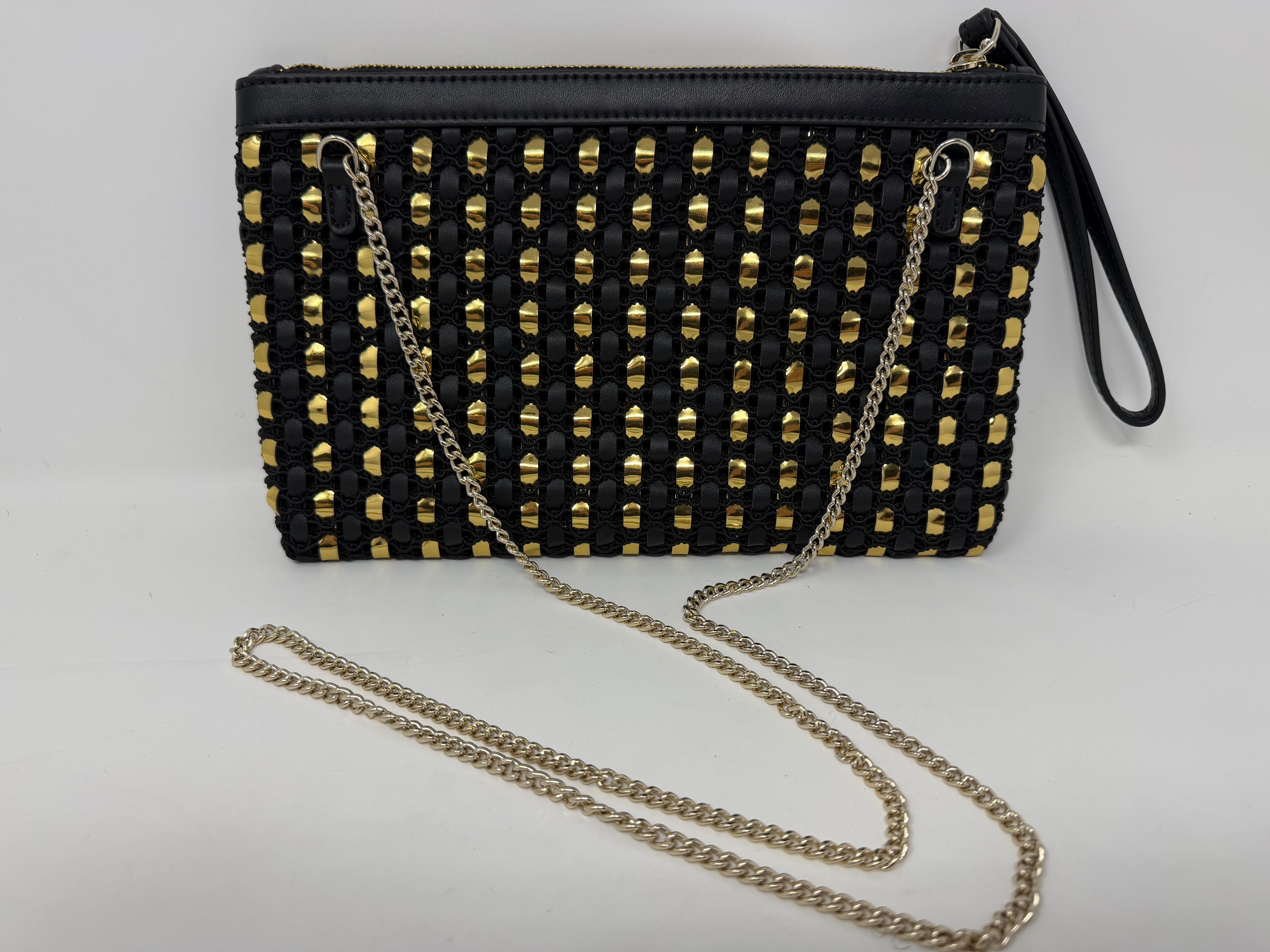 Love Moschino Black & Gold Woven Chain Shoulder Bag with Wrist Strap – New
