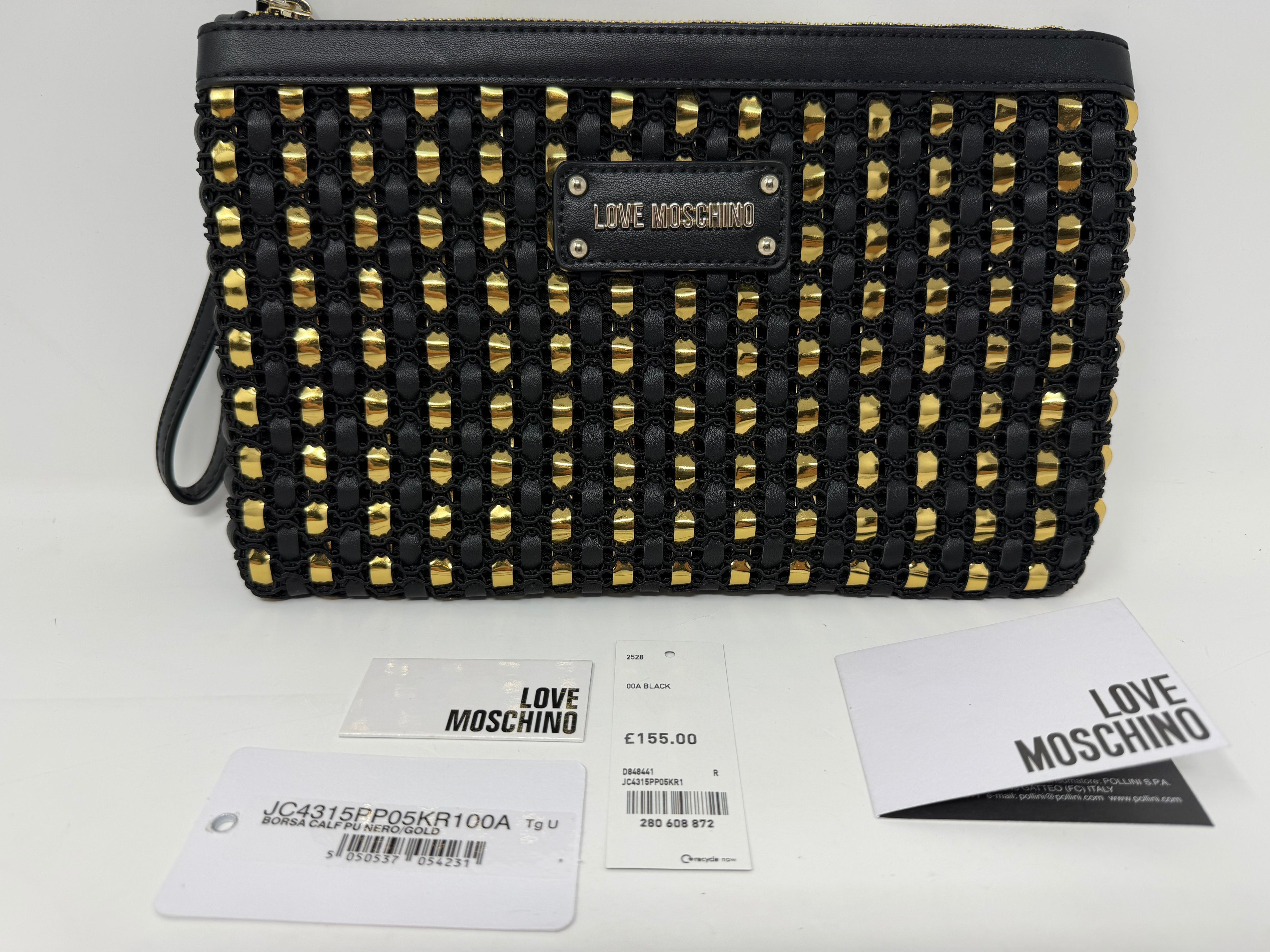 Love Moschino Black & Gold Woven Chain Shoulder Bag with Wrist Strap – New