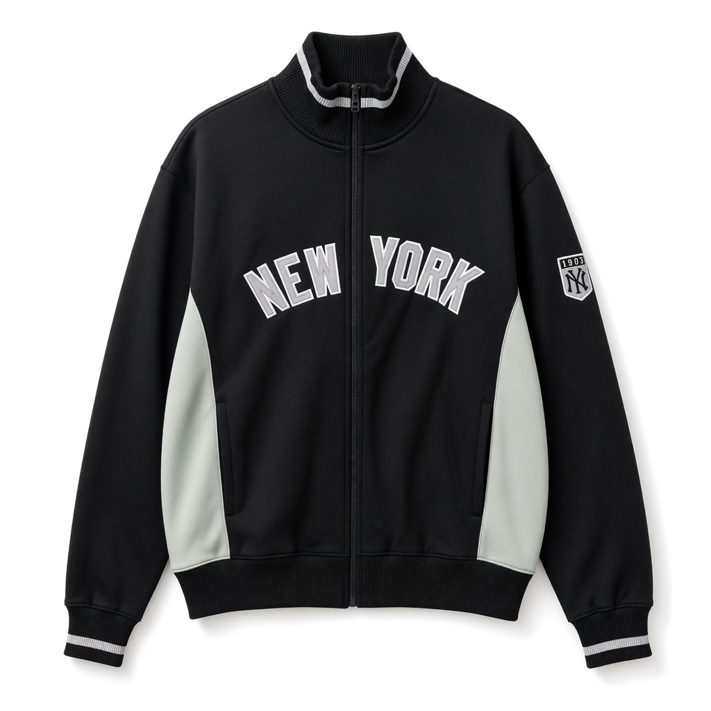Black and white New York Yankees full-zip track jacket by Sport AX, large size, displayed flat with front view.