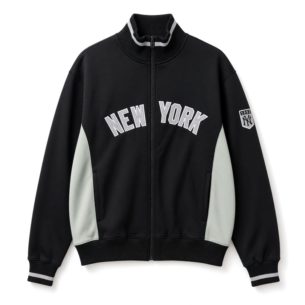 Black and white New York Yankees full-zip track jacket by Sport AX, large size, displayed flat with front view.