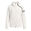 White Adidas Z.N.E. 2.0 full-zip hoodie, size L, new with tags, showing the front view with hood and full zipper.