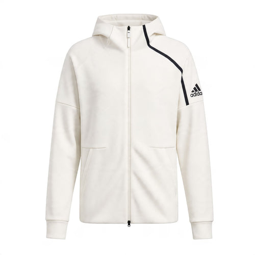 White Adidas Z.N.E. 2.0 full-zip hoodie, size L, new with tags, showing the front view with hood and full zipper.