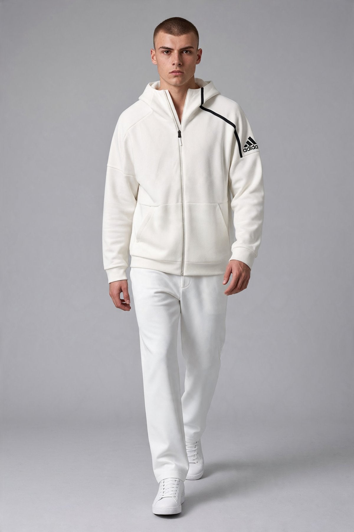 White Adidas Z.N.E. 2.0 full-zip hoodie, size L, new with tags, casual clothing with a front zipper and hood.
