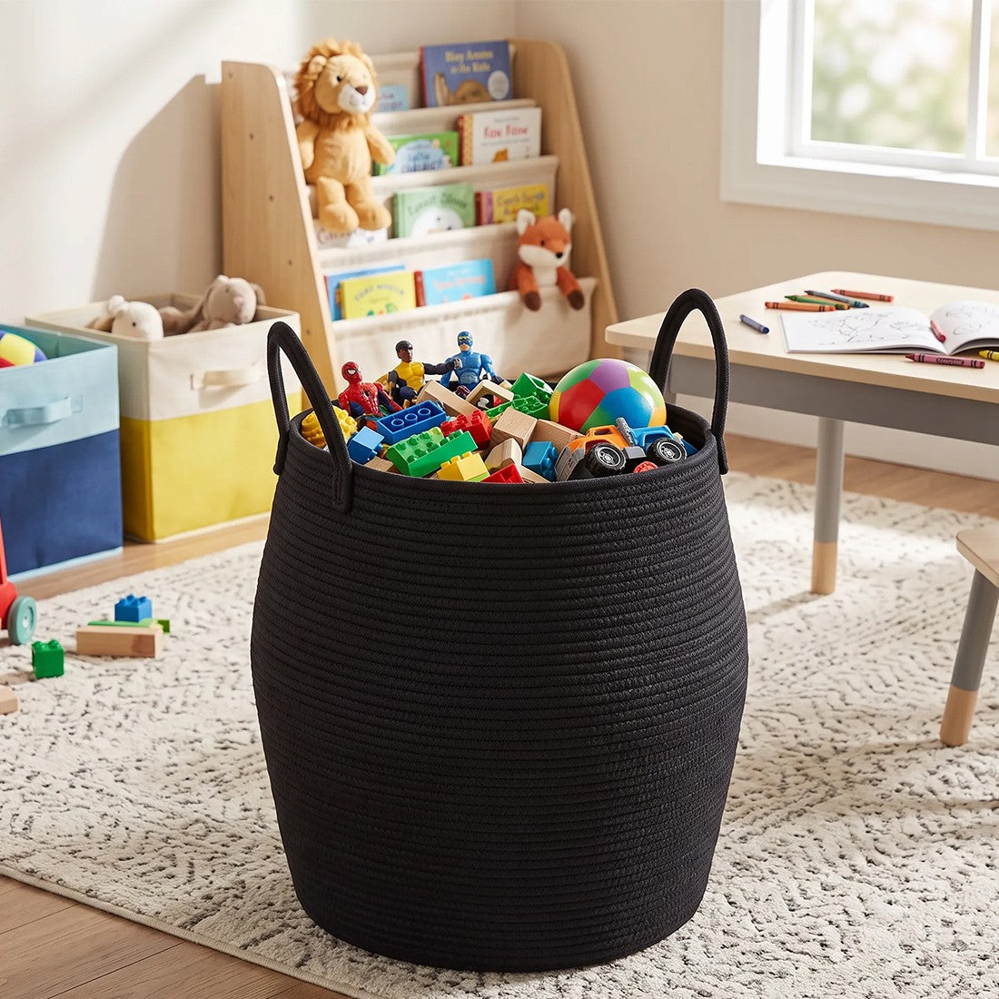 Black rope basket filled with colourful toys in a playroom