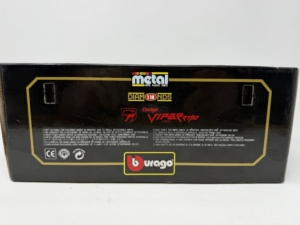 Bburago Diamonds 1:18 red Dodge Viper RT/10 1992 box side panel with metal Diamonds branding and multilingual text