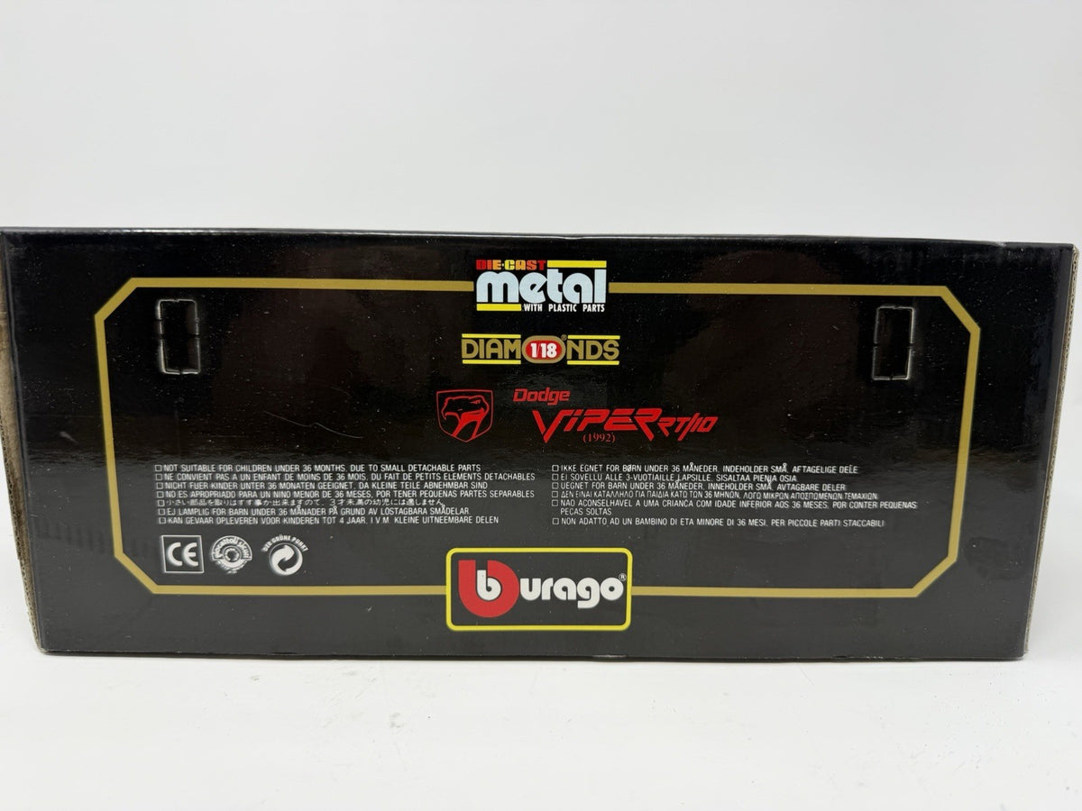 Bburago Diamonds 1:18 red Dodge Viper RT/10 1992 box side panel with metal Diamonds branding and multilingual text