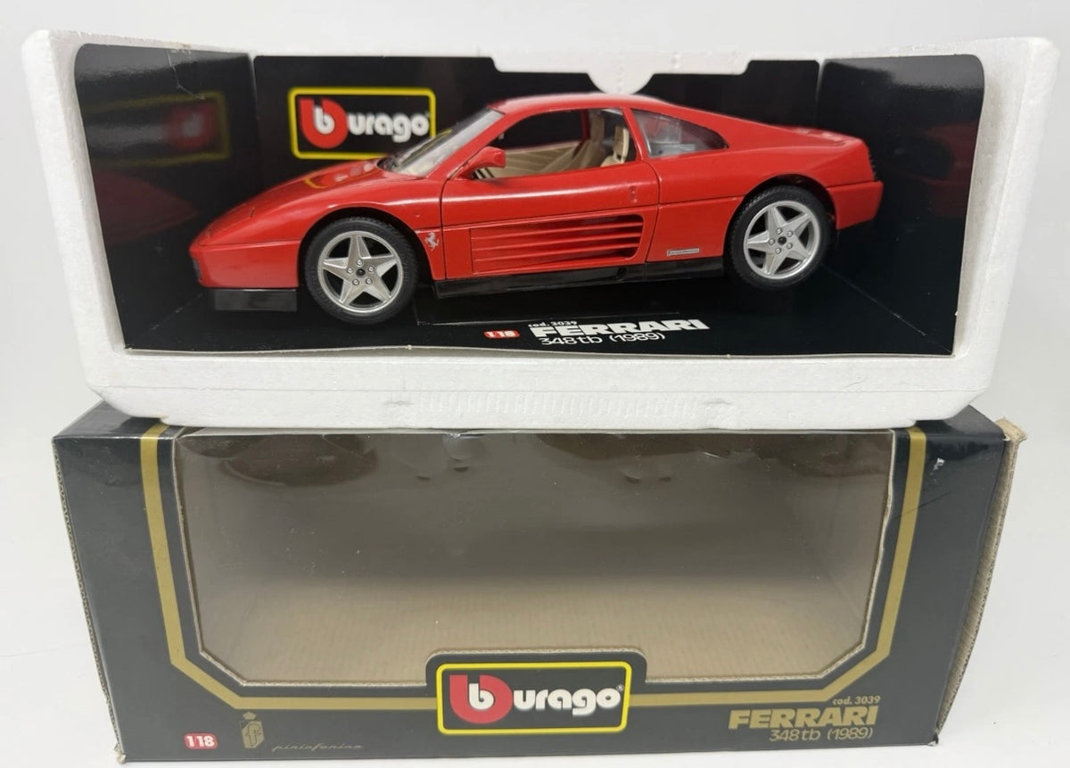 Red Bburago Ferrari 348tb 1989 diecast model car in box, 1:18 scale, detailed collectible toy, no. 3039.