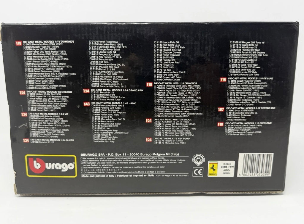 Red Bburago Ferrari 348tb 1989 diecast model car in box, 1:18 scale, detailed collectible toy.