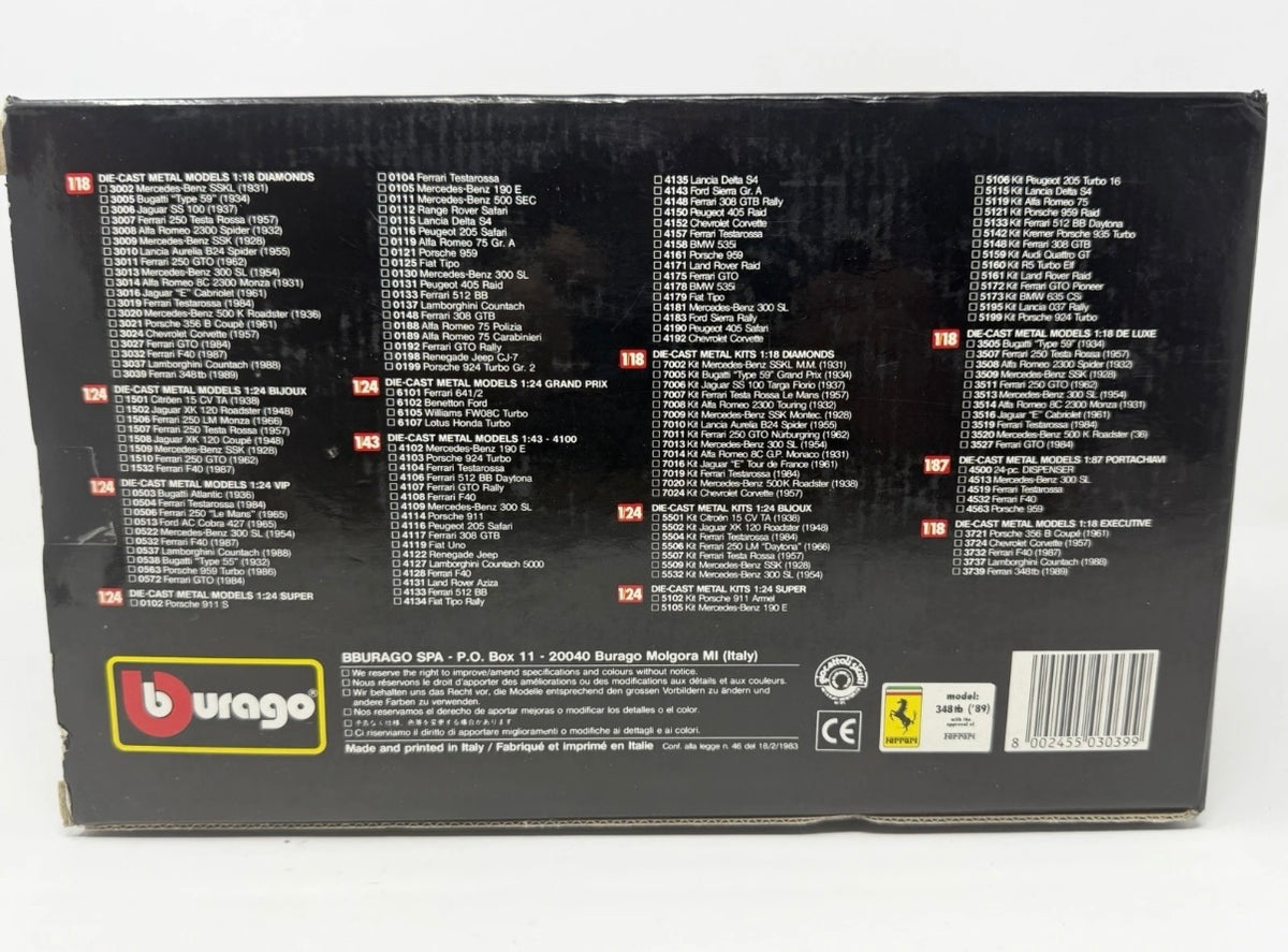 Red Bburago Ferrari 348tb 1989 diecast model car in box, 1:18 scale, detailed collectible toy.