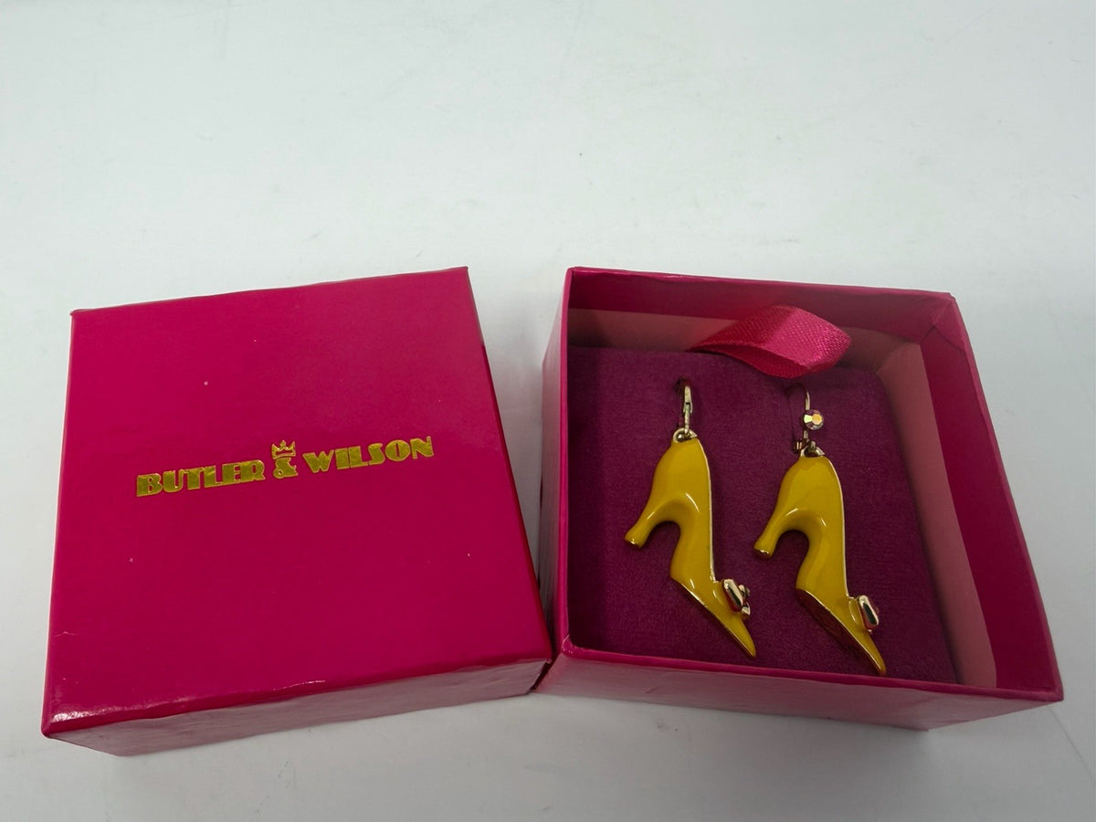 Butler & Wilson yellow enamel stiletto heel drop earrings in box – photo 1 of 8