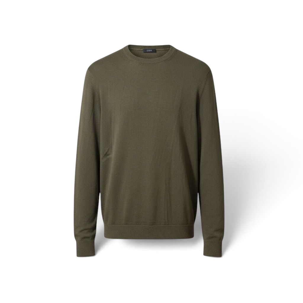 Men's COS olive green wool crew neck jumper, size M, pre-owned, showing the soft knit fabric and classic fit.