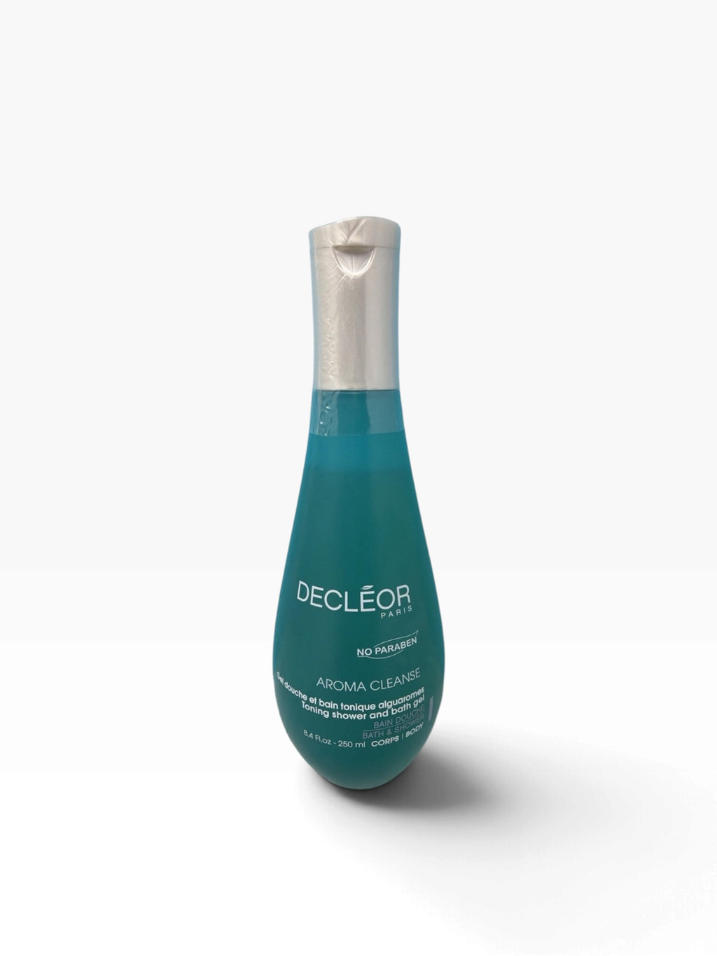 Decléor Aroma Cleanse Toning Shower & Bath Gel 250ml, new and sealed, with a clear bottle showing the gel inside.