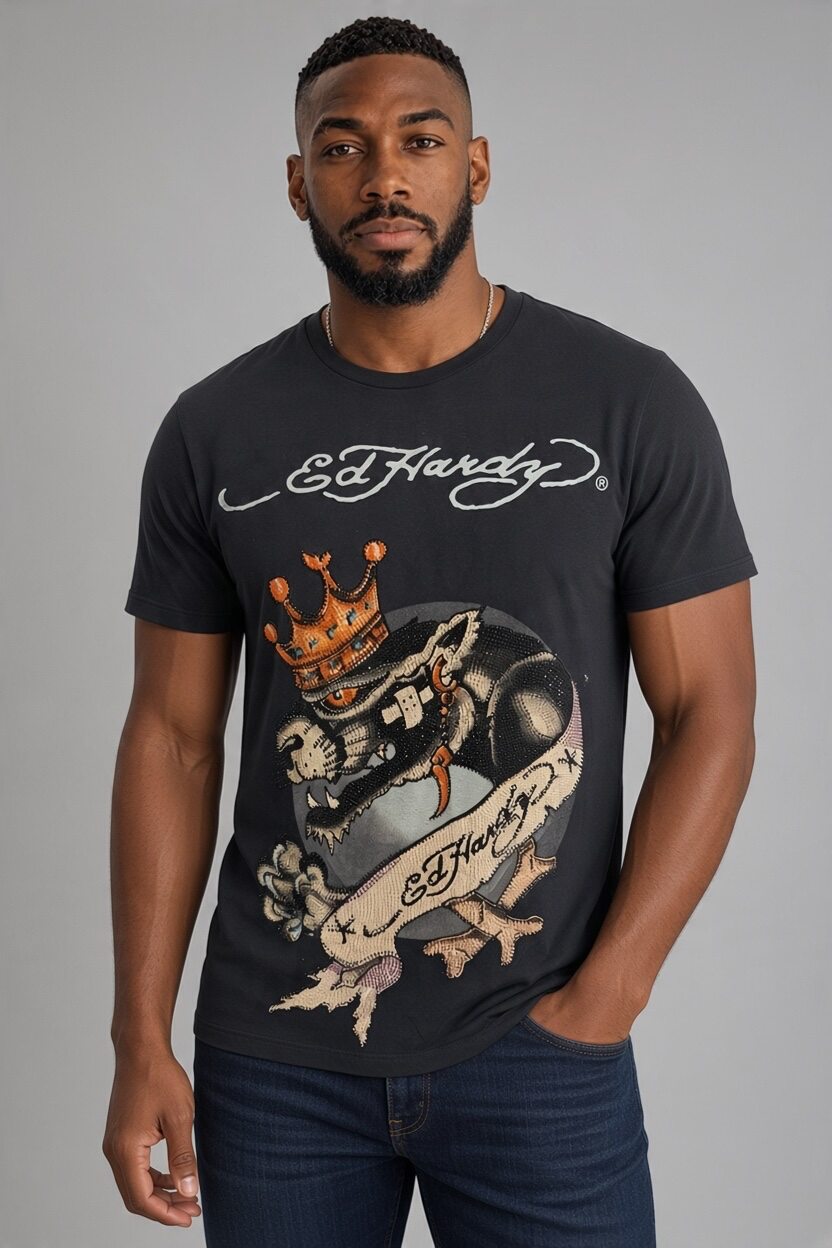 Black Ed Hardy T-shirt featuring a crowned panther rhinestone design, size medium, stylish casual clothing.