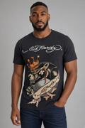 Black Ed Hardy T-shirt featuring a crowned panther rhinestone design, size medium, stylish casual clothing.
