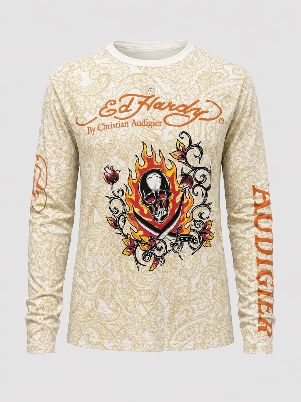 Ed Hardy by Christian Audigier skull and flame long sleeve t-shirt with paisley print, men's medium – photo 1 of 7