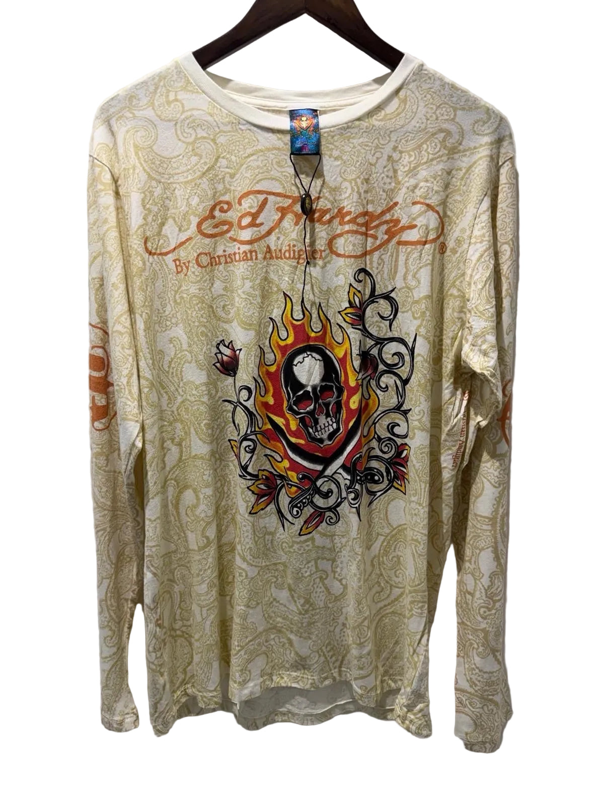 Ed Hardy by Christian Audigier skull and flame long sleeve t-shirt with paisley print, men's medium – photo 2 of 7