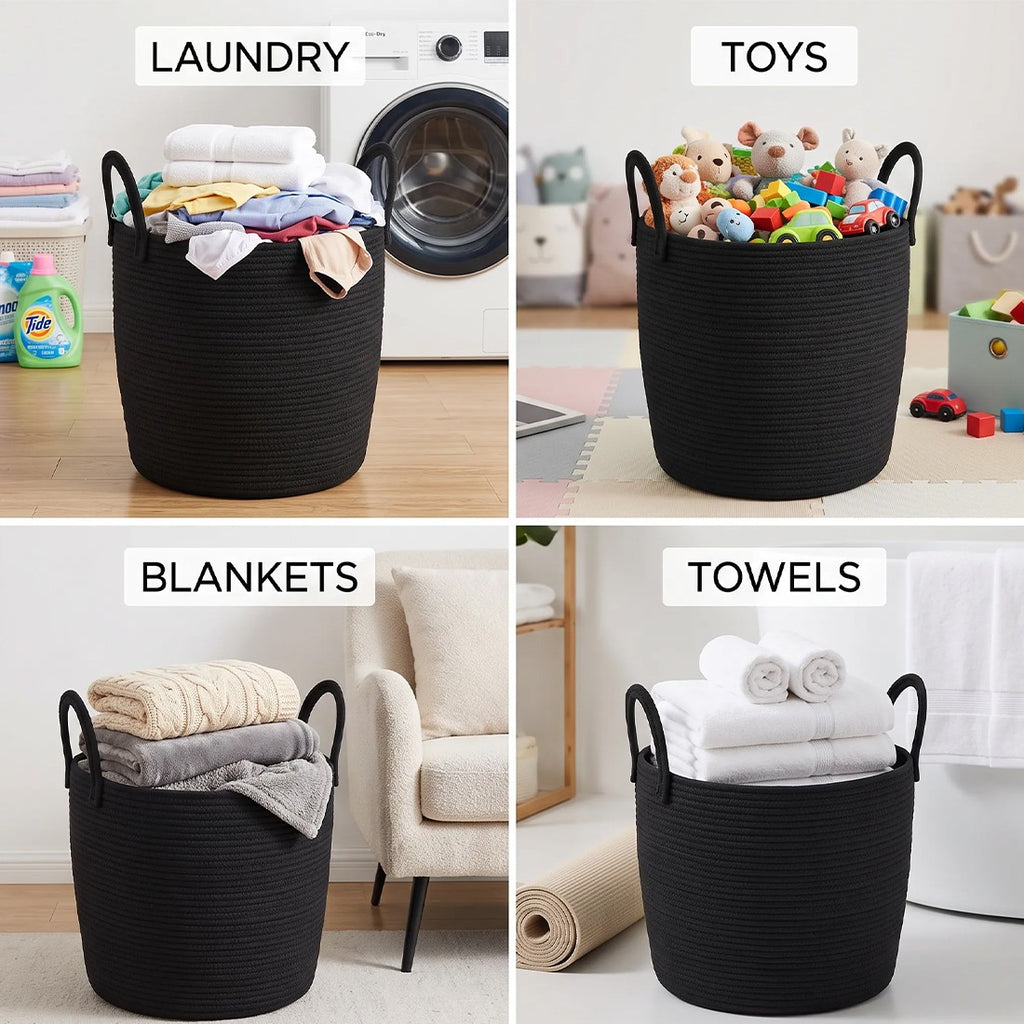 Black rope basket shown holding laundry, toys, blankets and towels