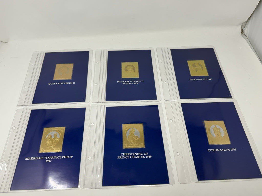New Elizabethan Golden Age 23ct gold stamp collection, six mounted gold stamps on blue pages