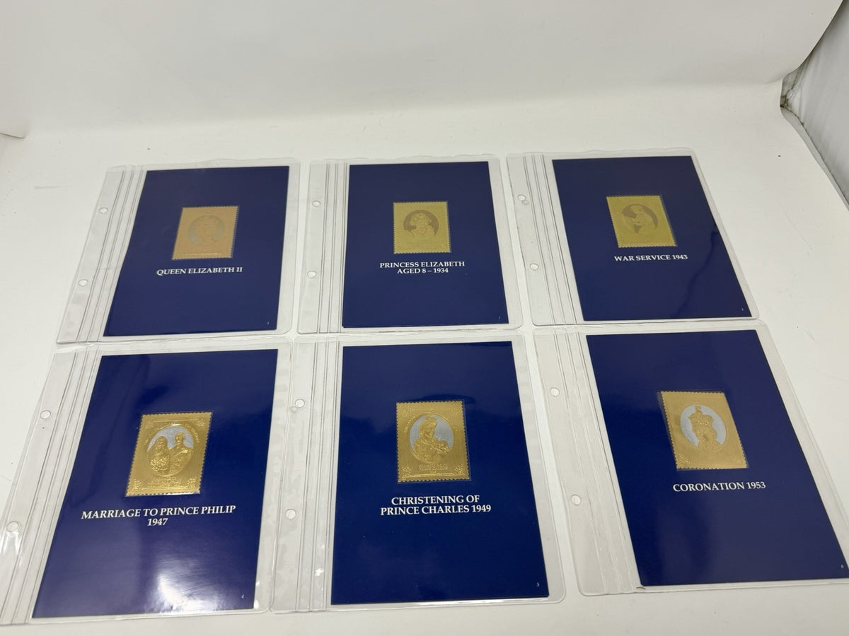 New Elizabethan Golden Age 23ct gold stamp collection, six mounted gold stamps on blue pages