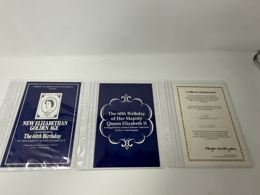 New Elizabethan Golden Age 23ct gold stamp collection, 60th birthday commemorative cards