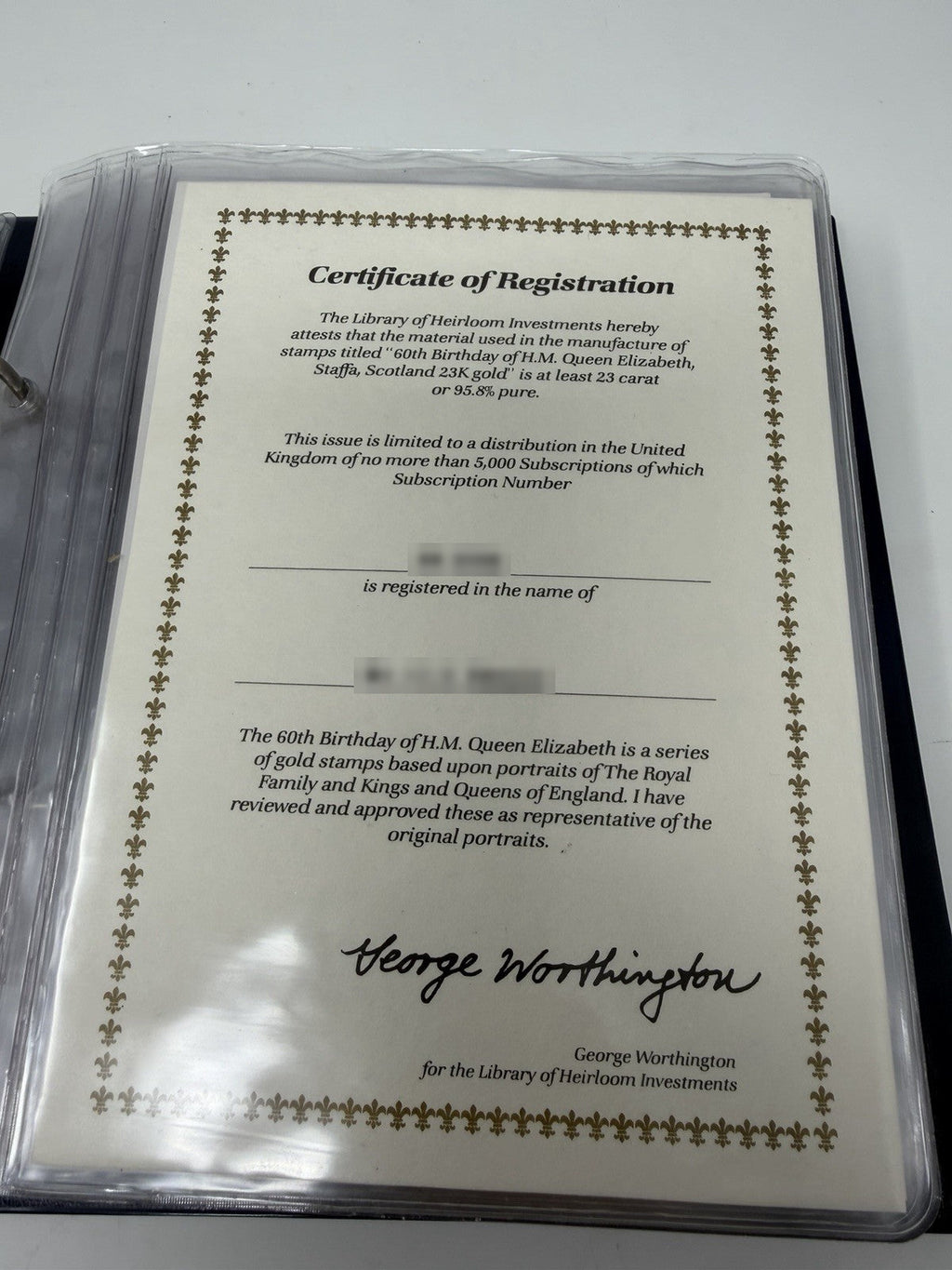New Elizabethan Golden Age 23ct gold stamp collection, Certificate of Registration
