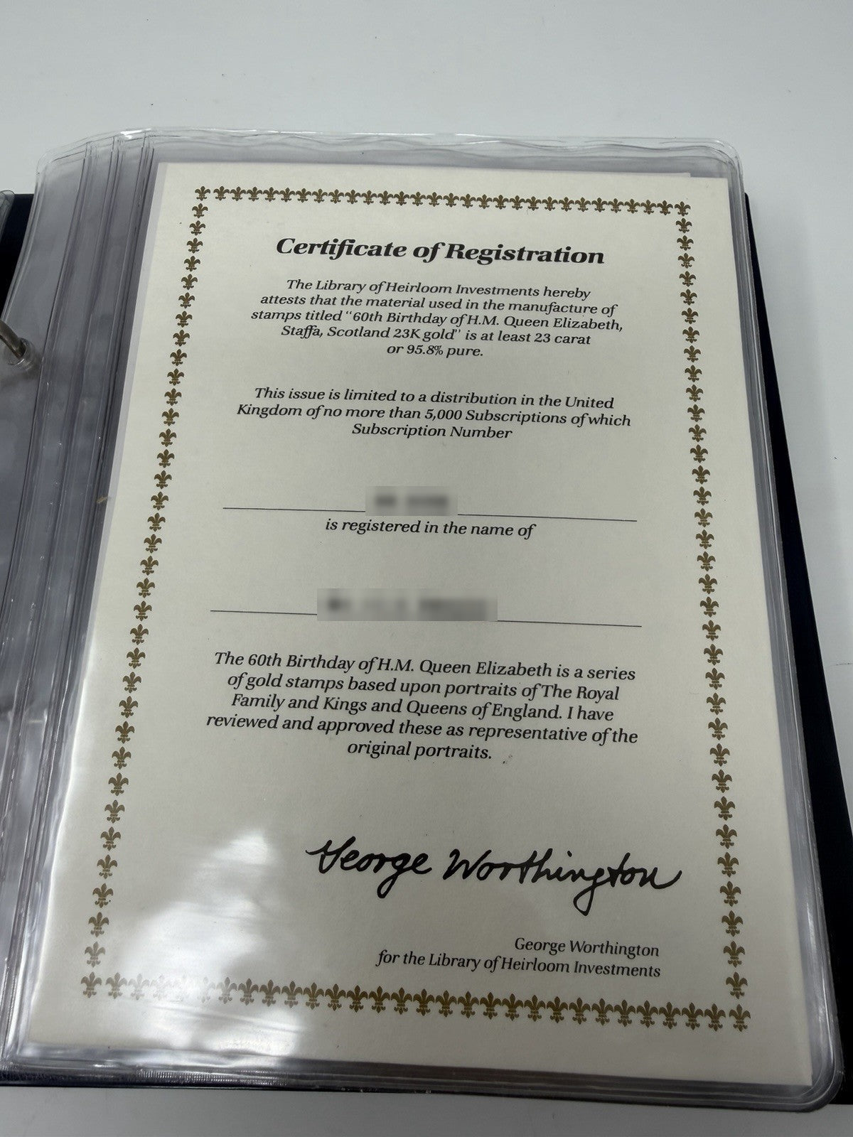 New Elizabethan Golden Age 23ct gold stamp collection, Certificate of Registration