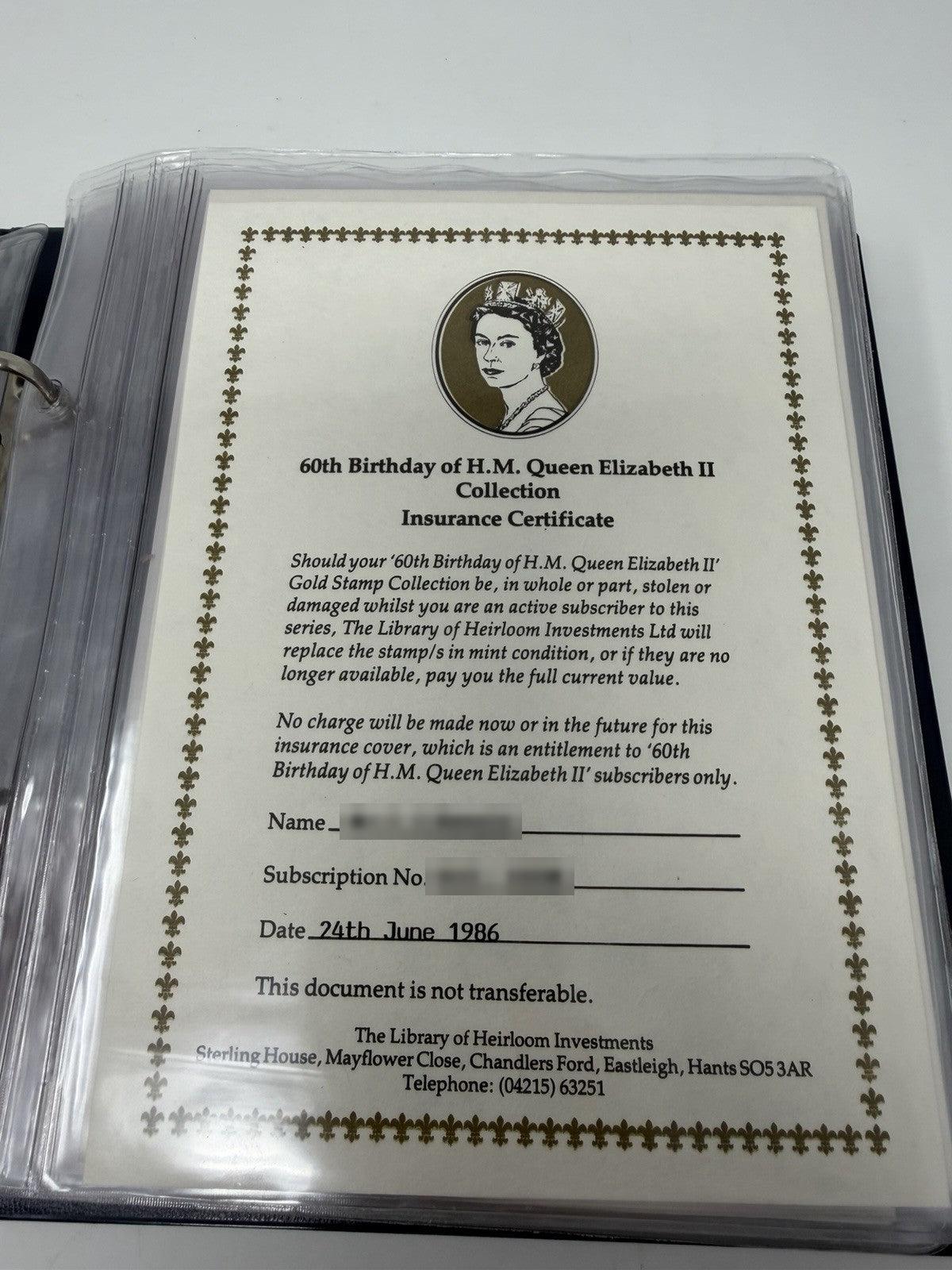 New Elizabethan Golden Age 23ct gold stamp collection, Insurance Certificate