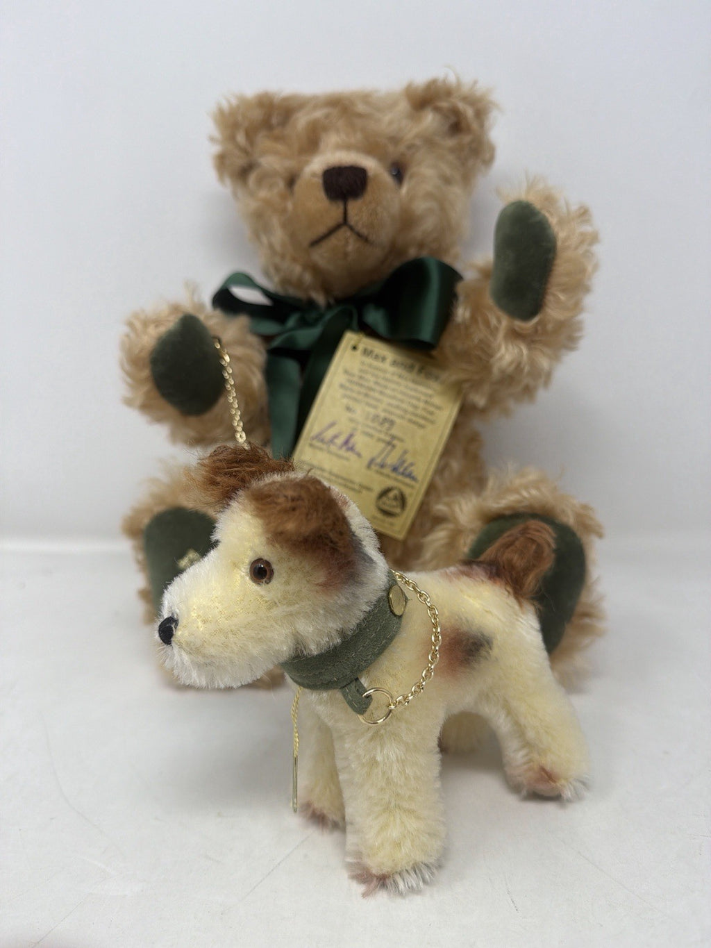 Hermann Coburg Max and Foxl mohair bear and dog, front view with Foxl on his gold-tone chain lead