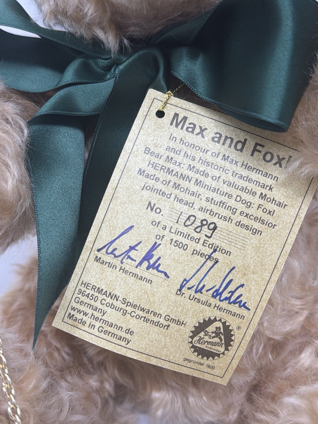 Hermann Coburg Max and Foxl mohair bear and dog swing tag showing limited edition No. 1089 of 1500
