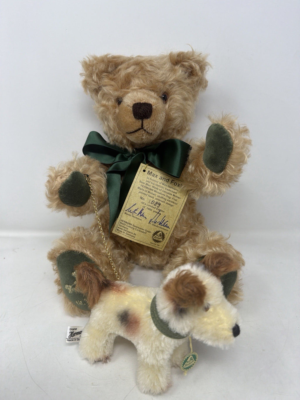 Hermann Coburg Max and Foxl mohair bear and dog, Max seated with Foxl in front