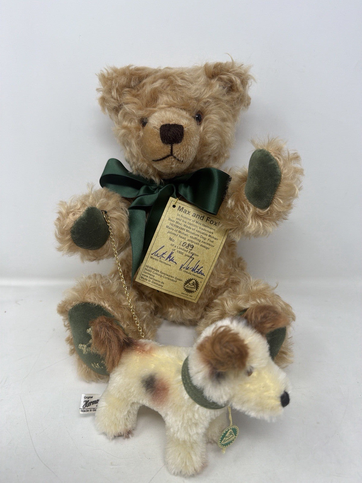 Hermann Coburg Max and Foxl mohair bear and dog, Max seated with Foxl in front